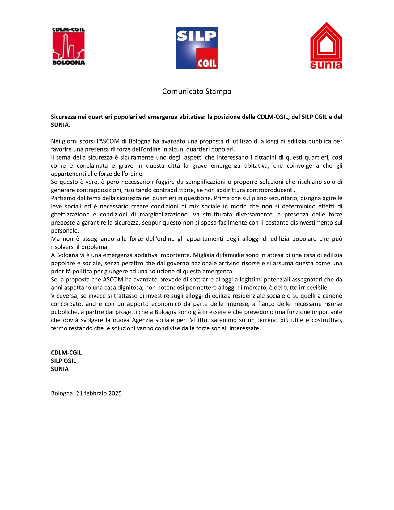 Comunicato Stampa CDLM SILP SUNIA Bologna 1